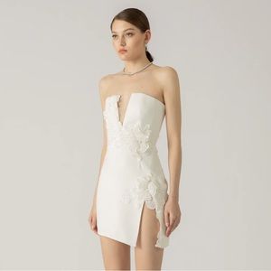 SAU LEE Fleur Strapless Mini Dress with Lace Floral Appliqué